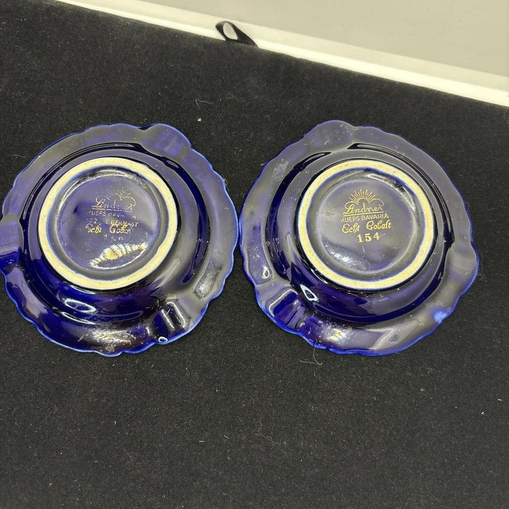 Vintage Lindner‎ Kueps Bavaria Echt Cobalt Blue Cigarette Holder & 2 Ashtrays